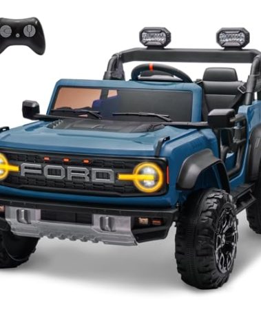 ENYOPRO 2 Seater Ride On Car for Kids, 24v Licensed Ford Bronco Raptor Electric Power Ride On Truck Toy with Remote Control, 4 Wheels Shock Absorption, Soft Start, Bluetooth, Radio, 3 Speed - Blue