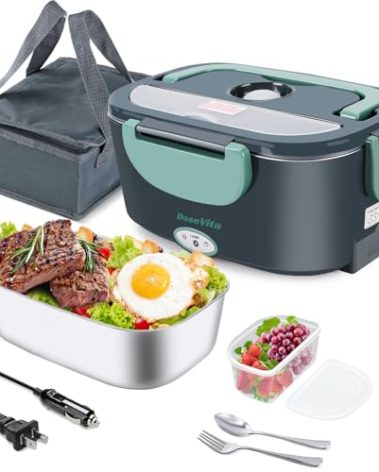 Dosevita Electric Lunch Box for Adults, 80W Heated Lunch Box,1.5L Portable Fast Heating Lunchbox Food Heater for Car,Truck,Work,Travel,Lonchera Elctrica Porttil 12V/24V/110V (Gray+Green)