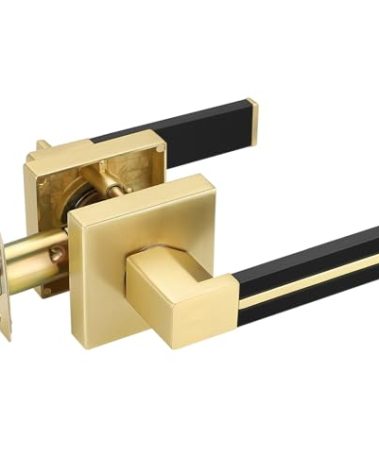EHOMEWARE 1 Pack Gold Door Handle with Black Leather Handle, Brass Interior Door Handle Passage Door Lever for Hallway Closet, Door Knob with Universal Handling for Right or Left Handed Doors