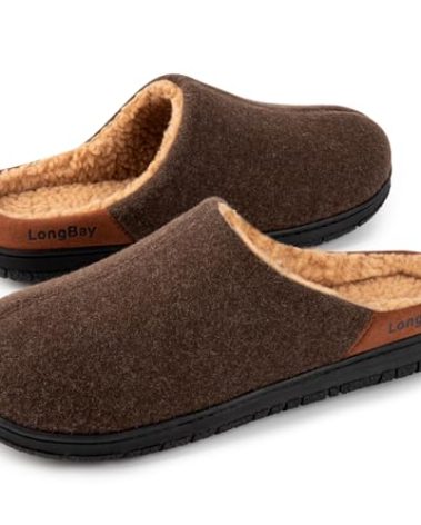 LongBay Men's Fuzzy Sherpa Lined Slippers Warm Memory Foam Non-slip Slippers Slip-on House Shoes for Indoor Outdoor Coffee 11