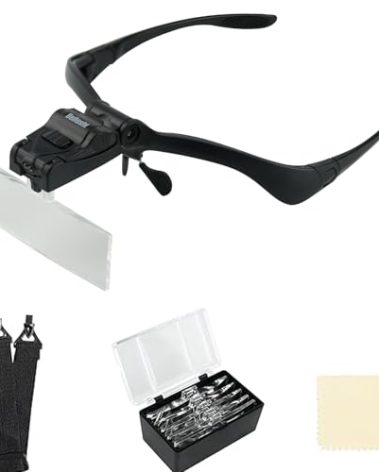Headhand Magnifier Glasses with 2 LED Professional Jeweler's Loupe Light Bracket and Headband are Interchangeable 5Lens Glass Magnifying Visor