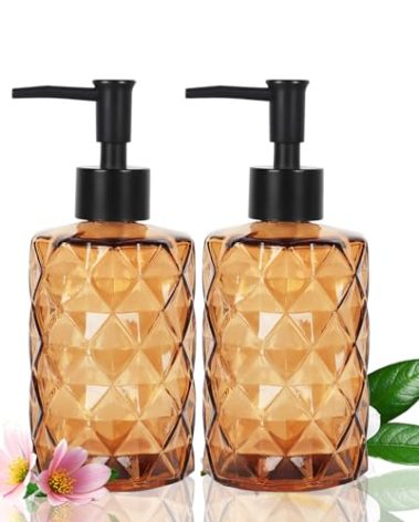 YCWF Amber Glass Soap Dispenser, 2 Pack for Bathroom, 12oz Clear Liquid Hand and Dish Soap Set With Pump for Kitchen