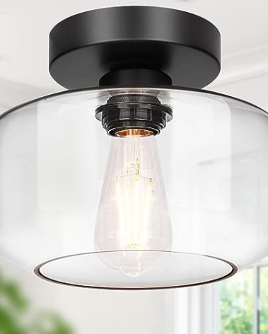 Industrial Semi Flush Mount Ceiling Light, 800 Lumen LED Bulb Included, Clear Glass Shade Ceiling Light Fixture, Farmhouse Light Fixture for Hallway Corridor Kitchen Bathroom Bedroom Passway