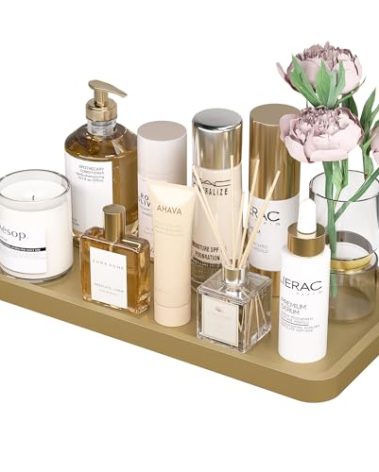 Weenson Gold Bathroom Vanity Tray for Countertop Perfume Makeup Jewelry Decor Candle, Bamboo Kitchen Tray for Soap Dispenser Spice Coffee, Toilet Tank Tray 11.81”L x 6.1”W x 0.79”H