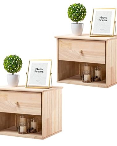 VINGLI Unfinished Natural Solid Wood Floating Nightstand for Bedroom Set of 2, Small Nightstand with Drawer & Open Shelf, Farmhouse Night Stand Wall-Mounted Bedside Table for Small Space Color DIY