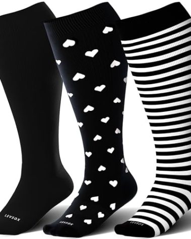 LEVSOX Plus Size Compression Socks for Women&Men Wide Calf 15-20 mmHg Knee High Extra Large Calf Support Socks for Nurse, Medical, Travel, Black, Polkadots, Stripe