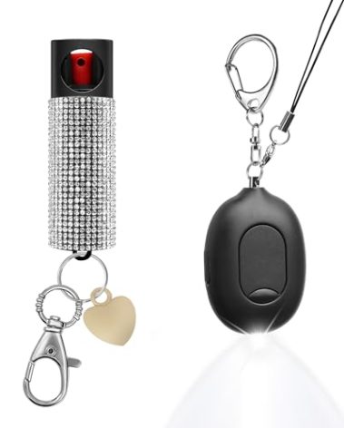 3-in-1 Personal Safety Alarm & Door Handle Alarm & Pepper Spray Combo for Women, Max Strength Pepper Gel & Jeweled Monochromatic Design, 130dB Siren & Door Stop Alarm & Led Flashlight, Rechargeable