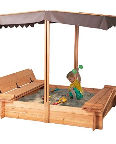 BIRASIL Wood Sandbox with Cover, Sand Box with 2 Bench Seats for Aged 3-8 Years Old, Sand Box for Backyard Garden, Beach Patio Outdoor (Natural Wood, 48 Inch)