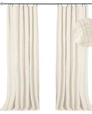 100% Blackout Shield Full Blackout Curtains for Bedroom 96 inch Length 2 Panels Set, Clip Rings/Rod Pocket Faux Linen Black Out Curtains for Living Room, Thermal Insulated, 50Wx96L, Cream