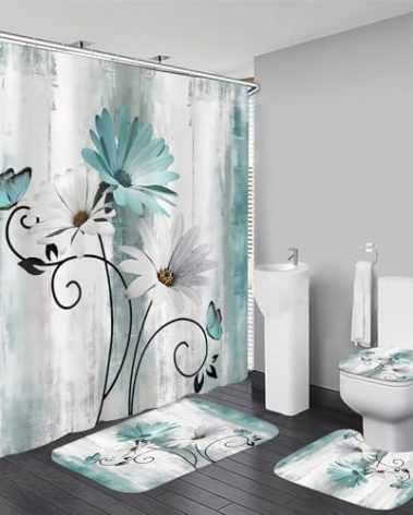 AZHM Rustic Farmhouse Shower Curtain Set 4pcs Farm Teal Daisy Floral Bathroom Decor Set with Shower Curtain and Rugs and Accessories