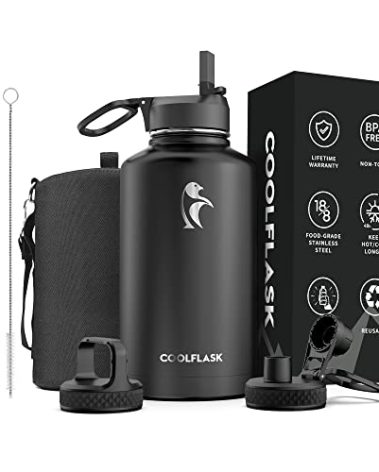 64 oz Water Bottle Insulated with Straw & 3 Lids, Coolflask Large Metal Stainless Steel Water Jug Big Half Gallon Wide Mouth for Sports, Gym or Office, Non-BPA Keep Cold 48H Hot 24H, Magic Black