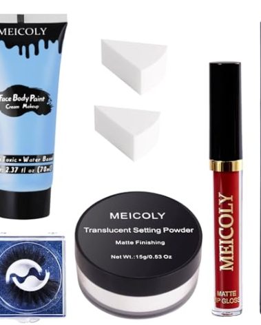 MEICOLY Sally Makeup Kit,Professional Sally Costume Corpse Bride Makeup,Light Blue Face Paint and Setting Powder Halloween Makeup Kit,Sally Face Cosplay,Liquid Eyeliner+False Eyelash+Lipstick+Sponges