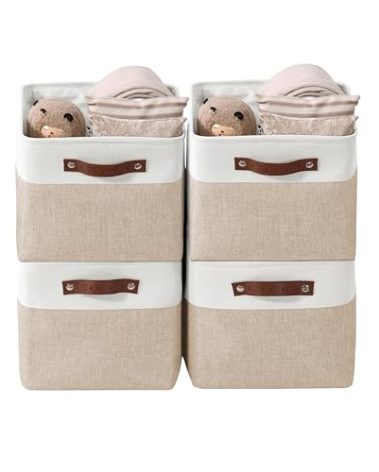 DECOMOMO Storage Bins Fabric Storage Baskets for Shelves, Linen Closet Organization Toys Nursery (Beige and White, Large - 4 Pack)