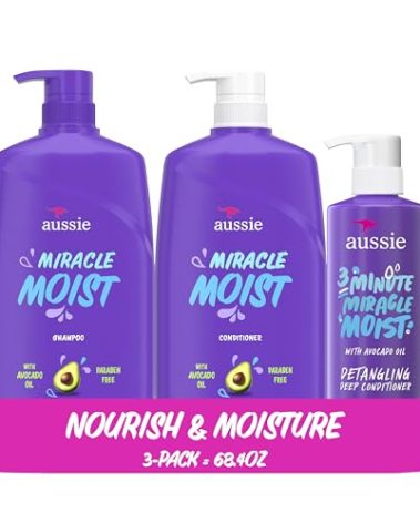 Aussie Miracle Moist Shampoo and Conditioner with 3 Minute Miracle Deep Conditioner, Avocado & Jojoba Oil, Paraben-Free, Moisturizes & Detangles, All Hair Types, Citrus Floral Scent, 3 Pack 68.4 Fl Oz