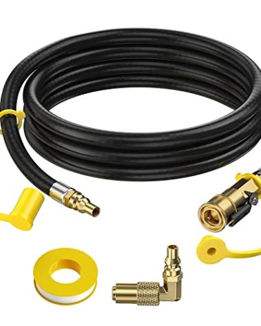 7FT Quick Connect RV Propane Hose with 1/4" Safety Shutoff Valve and 1/4" Male Full Flow Plug, Low Pressure Quick Disconnect Propane Hose with Elbow Adapter for 17" and 22" Blackstone Griddles