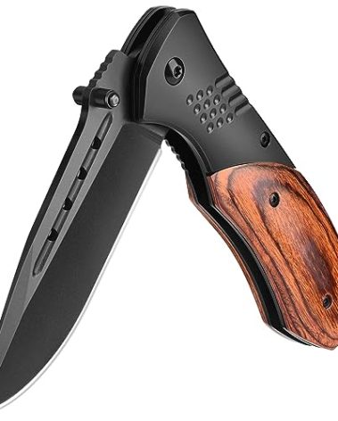 KEXMO Pocket Knife for Men - 3.46" Sharp Blade Wood Handle Pocket Folding Knives with Clip, Glass Breaker - EDC Knives for Hunting Camping Survival Outdoor Fishing Hiking Women Men, Black