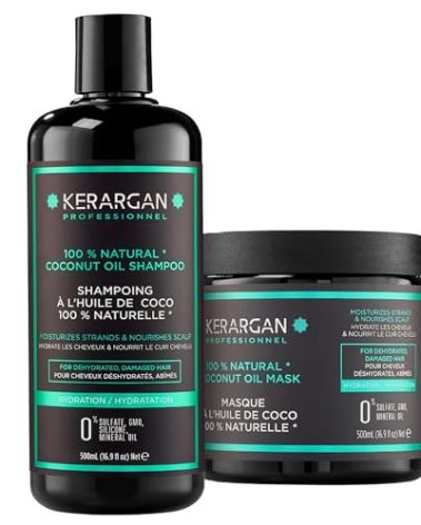 Kerargan - Moisturizing Shampoo & Hair Mask Duo with Coconut Oil for Dry and Damaged Hair - Nourishes & Revitalizes - Free of Sulfates, GMOs, Silicones, Mineral Oils - 2x16.9 Fl oz