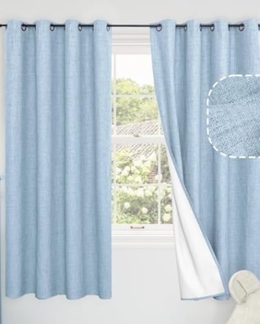 Baby Blue Linen Blackout Curtains for Nursery 63 Inch Length 2 Panels Set, Thermal Insulated Boho Total Black Out Noise Reducing Bonzer Grommets Window Curtains for Kids Bedroom, Each 52 Inch Wide