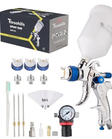 Throohills Professional HVLP Spray Gun, 1.3/1.5/1.8mm Nozzle HVLP High Atomization Flow Adjustable Pneumatic Gravity Spray Gun with 1000cc Aluminum Cup & Gauge for Paint Touch-Up(Blue)