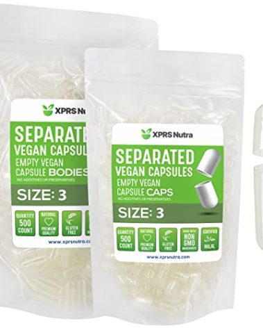 XPRS Nutra Vegan Size 3 Separated Capsules- 500 Count Premium Empty Caps Separated in Bags - Clear Empty Capsules - Pills for DIY Supplement Filling