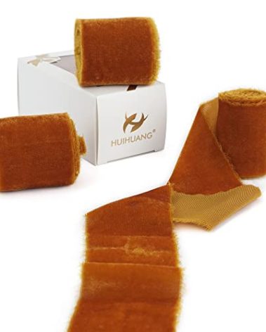 HUIHUANG Velvet Silk Ribbon - Burnt Orange, 2 inch, Frayed, Handmade, Wedding & Bridal - 3 Yards Total