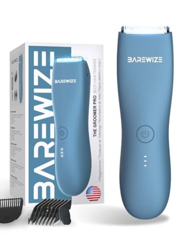 BAREWIZE Body Hair & Pubic Hair Trimmer for Men & Women, Painless Electric Body & Bikini Shaver | Waterproof, Type-C Rechargeable, LED Light, Replaceable Blade, Manscape Personal Groomer (Denim Blue)