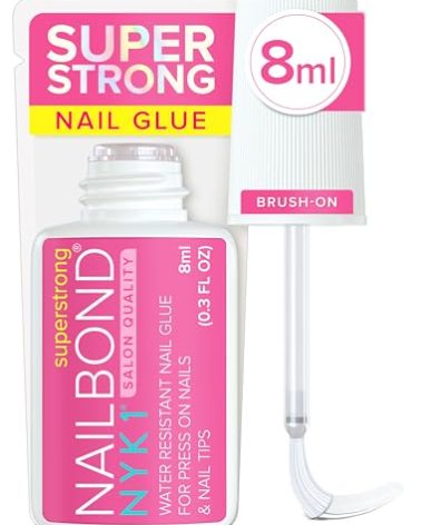 Super Strong Nail Glue for Press On Nails, Nail Tips & Acrylic Nails (8ml) NYK1 NailBond Brush On Glue for Press Ons, Tips & Acrylics - Long Lasting, Maximum Strength, Mess-Free Application