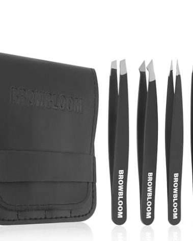 BROWBLOOM 4Piece Set of Professional Tweezers for Women Facial Hair, Black Stainless Steel Precision Tweezer for Ingrown Hair, Eyebrow Tweezers for Men Comes in Carrying Pouch (Black Set)