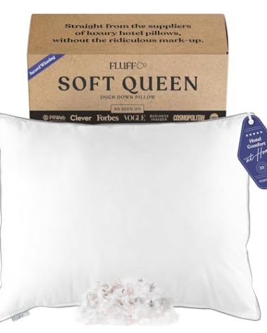 FluffCo Zen Fluff Pillows - Down Alternative - Standard/Queen Bed Pillow for Sleeping Made in USA - Luxury Hotel-Quality Pillow - 100% Cotton, 300 Thread Count (Soft Queen Size 1 Pack)