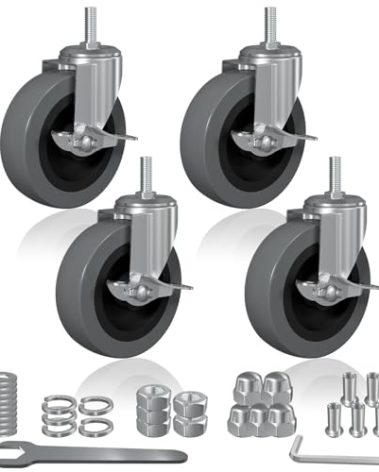 4 Inch Creeper Seat Wheels Replacement, Heavy Duty M10 x 1" Metric Threaded Stem Castors Set of 4 with Side Brake Rolling Mechanic Seat Caster Wheels for Detailing Garage Shop Stool
