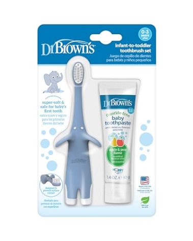 Dr. Brown's Infant-to-Toddler Training Toothbrush Set, Blue Elephant with Fluoride-Free Apple Pear Baby Toothpaste, 0-3 years
