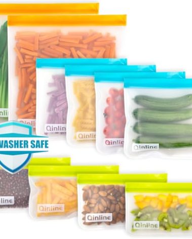 Reusable Storage Bags - 10 Pack BPA FREE Freezer Bags(2 Reusable Gallon Bags + 4 Leakproof Reusable Sandwich Bags + 4 THICK Reusable Snack Bags) Ziplock Lunch Bags for Food Marinate Meat Fruit Cereal