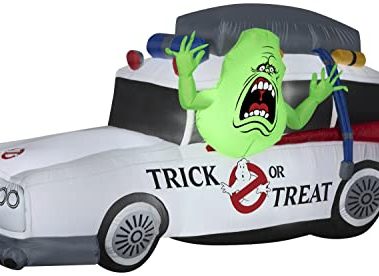 Airblown 7' Gemmy Ghostbuster's Ecto-1 Mobile w/Slimer Yard Decoration 552108, Green, White, Red, Blue,