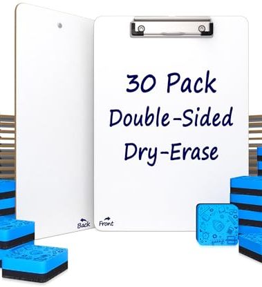 SCRIBBLEDO 30 Pack Double Sided Dry Erase Clipboards 9"x12" Durable Clipboards Bulk with 30 Dry Erase Erasers, Clipboard with Low Profile Clip for School, Classroom and Home Use