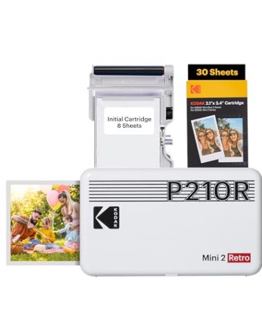 Kodak Mini 2 Retro 4PASS Portable Photo Printer, 2.1x3.4 inches, 38 Sheets Bundle, White