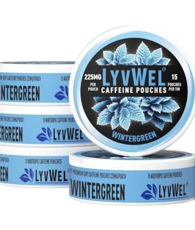 LyvWel 225mg Caffeine Energy Pouches – Wintergreen 5-Pack (75 Pouches) – Cool, Clean Focus – Ultra Strength Caffeine with Guarana for Lasting Energy