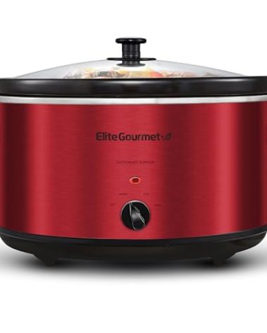 Elite Gourmet MST-900RXT# Electric Ceramic XL Jumbo Slow Cooker, Adjustable Temp, Entrees, Sauces, Stews & Dips, Dishwasher Safe Glass Lid & Crock, 8.5Qt, MetallicRed