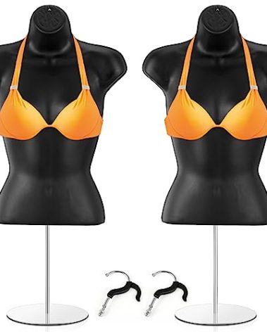 Geetery 2 Pieces Female Mannequin Torso Dress Form with Stand and Hanging Hook Table Top Mannequin Hollow Back Body for Counter Craft Show Photo Design Retail Store Exhibition, S-M Size (Black)
