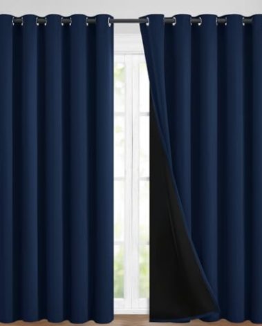 Yakamok Navy Blue Curtains 100% Blackout Curtains for Living Room - Grommet Thermal Insulated Full Room Darkening Block Out Curtains with Black Liner for Bedroom, Set of 2 Panels, W62 x L84 Inch
