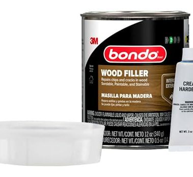 Bondo Wood Filler 12 oz with Hardener 0.5 oz, Repairs Chips and Cracks in Wood, Sandable, Paintable, and Stainable