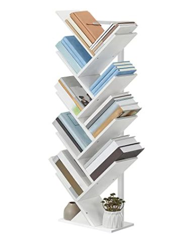 HOOBRO Tree Bookshelf, 9-Tier Bookcase Wooden Shelves, Floor Standing Storage Rack, for Display of CDs, Books in Living Room, Home Office, Wood Storage Rack for Bedroom, White WT08SJ01G1