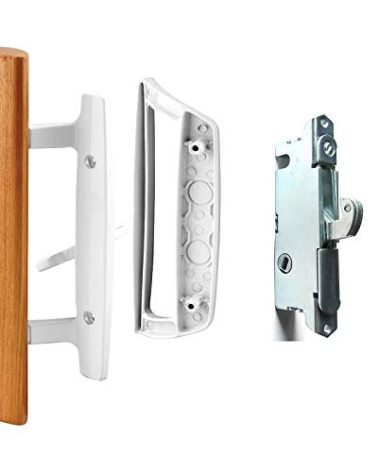 Sliding Glass Door Handle Set Oak Wood Interior Handle and Exterior Pull White Diecast Finish+Mortise Lock 45° Keyway Fits 3-15/16” Screw Hole Spacing, Non-keyed with Latch Locks(White)