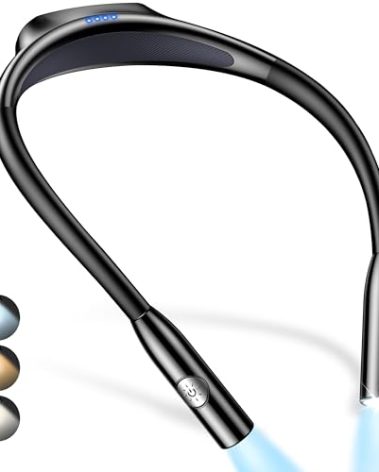 Gritin LED Neck Reading Light,Book Light for Reading in Bed-Eye Caring 3 Colors, Dimmable Brightness, Bendable Arms, 80+Hrs Runtime, Neck Round Design, Comfortable &Lightweight for Crafting, Knitting