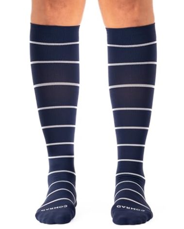 Comrad Nylon Knee High Socks - 15-20mmHg Graduated Compression Socks, (Large, Navy/Sand) - Soft & Breathable Support Socks for Men, Pregnant Women, Nurses, Home, Work, & Travel