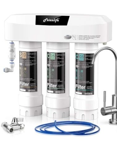 Frizzlife Under Sink Water Filter System with Brushed Nickel Faucet SP99-NEW, NSF/ANSI 42&53 Certified 3-Stage 0.5 Micron Removes Lead, Chlorine, Chloramine, Fluoride, Quick Change, Do not Lower TDS