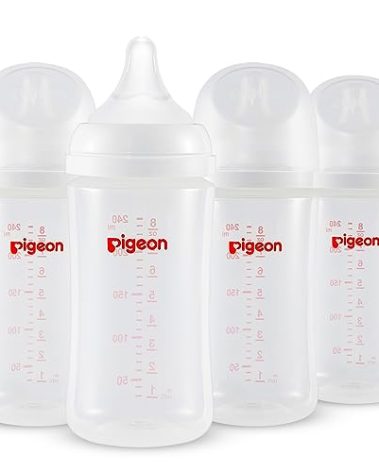 Pigeon PP Nursing Bottle Wide Neck, Anti-Colic, Streamlined Body, Natural Feel, Easy to Clean, 8.1 Oz(Pack of 4), Includes 4pcs M Nipples (3m+)