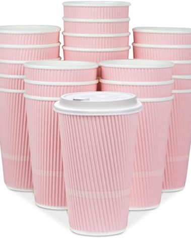 Glowcoast Disposable Coffee Cups With Lids - 16 oz To Go Coffee Cup (70 Pack). Large Travel Cups Hold Shape With Hot and Cold Drinks, No Leaks! Insulated Ripple Cups Protect Hands, No Sleeves needed!