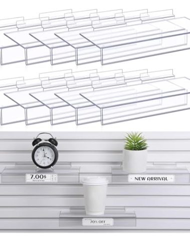 Fumete 10 Pack Clear Acrylic Slatwall Shelves with Sign Holder 4 x 10 Inch Slatwall Shelves Hanging Accessories for Wall Retail Display Garage Home Shoe Stores Boutiques Supplies