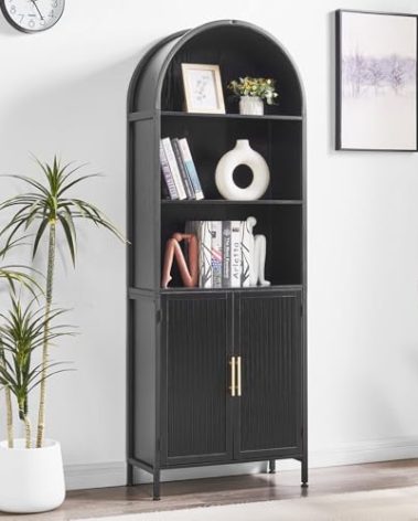HUSHEDIFY Arched Bookcase Book Shelf with Doors, 5 Tier Tall Display Bookshelf Cabinet with Storage, Industrial Floor Standing Bookshelves Open bookcases for Home Office, Living Room(Black)