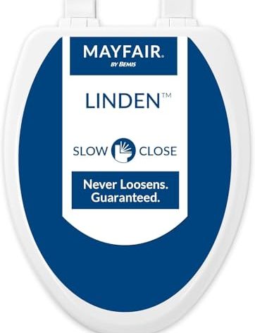 Mayfair Linden Slow Close Toilet Seat, Non Slip Heavy Duty Wood, Easy Install, Elongated, White